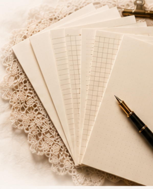 Dotted, lined, grid and blank inserts fanned on lace